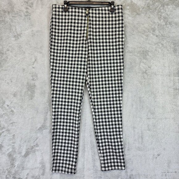 Zara Pants Womens XL Black White Gingham Check Stretch Skinny Ankle Zip Front - Picture 1 of 12